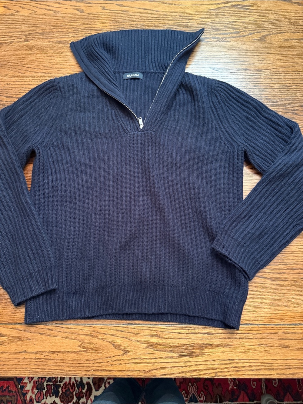 NAADAM luxe Cashmere Wool Ribbed Quarter Zip Sweater Navy Blue Small